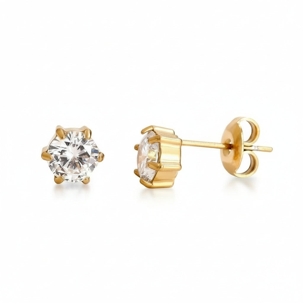 Gold-plated stainless steel solitaire stud earrings with 6mm round cubic zirconia in six-prong setting – naušnice