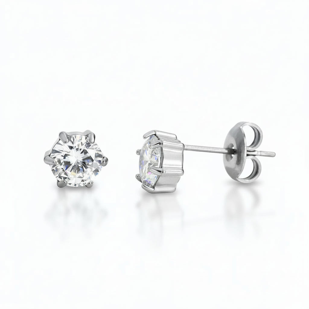 White gold-plated stainless steel solitaire stud earrings with 6mm round cubic zirconia in six-prong setting – naušnice