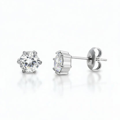 White gold-plated stainless steel solitaire stud earrings with 6mm round cubic zirconia in six-prong setting – naušnice