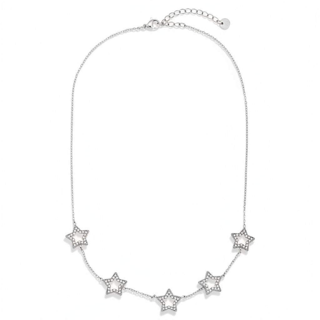 White gold-plated stainless steel delicate chain necklace with five zirconia-outlined star charms – ogrlica