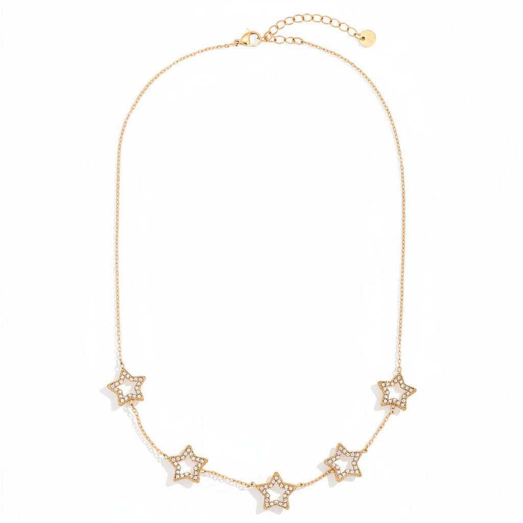 Gold-plated stainless steel delicate chain necklace with five zirconia-outlined star charms – ogrlica