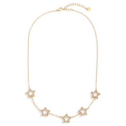 Gold-plated stainless steel delicate chain necklace with five zirconia-outlined star charms – ogrlica