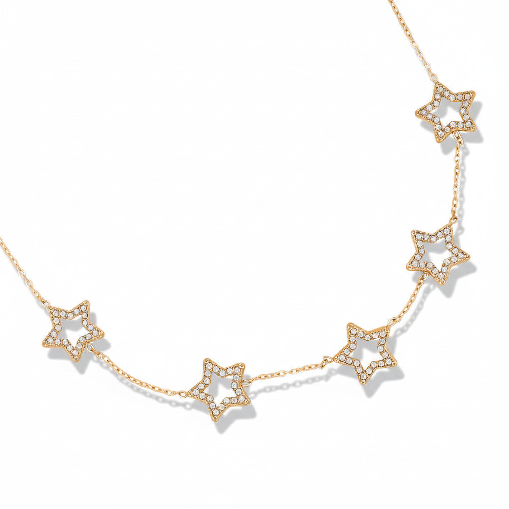 Gold-plated stainless steel delicate chain necklace with five zirconia-outlined star charms – ogrlica