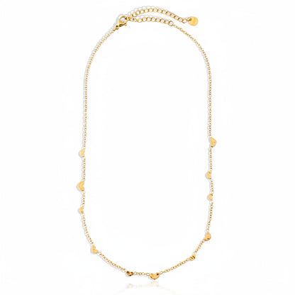 Gold-plated stainless steel fine chain necklace with floating heart charms evenly spaced – ogrlica