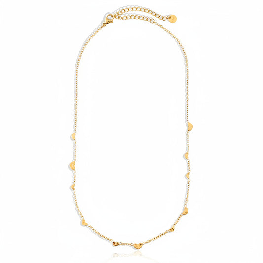 Gold-plated stainless steel fine chain necklace with floating heart charms evenly spaced – ogrlica