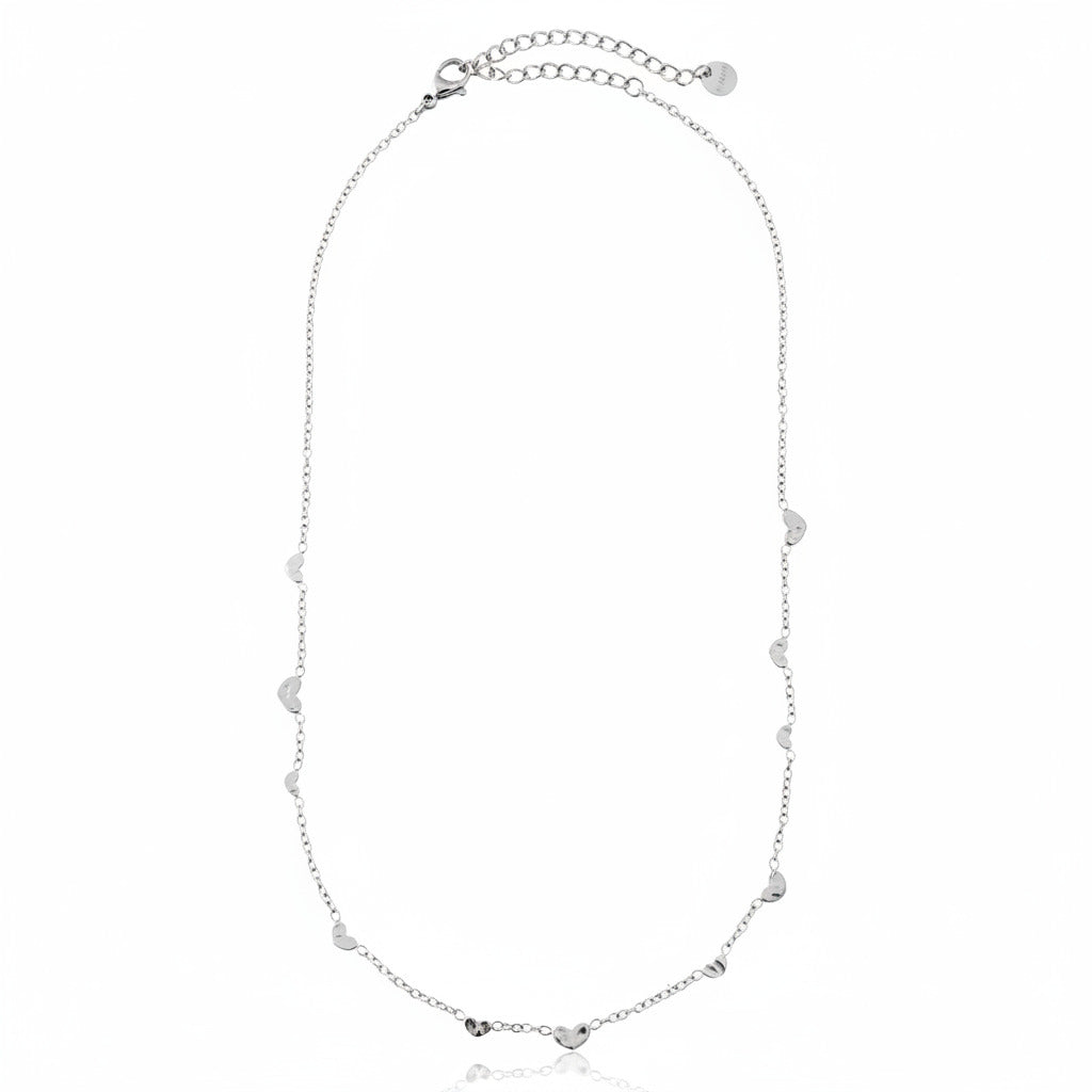 White Gold-plated stainless steel fine chain necklace with floating heart charms evenly spaced – ogrlica