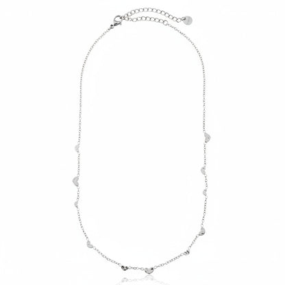 White Gold-plated stainless steel fine chain necklace with floating heart charms evenly spaced – ogrlica