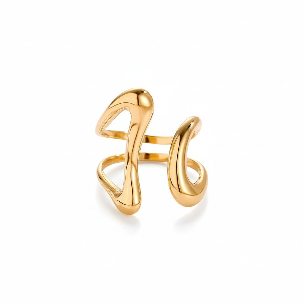 Fluid Echo Ring – adjustable stainless steel gold ring with hollow freeform sculptural curves