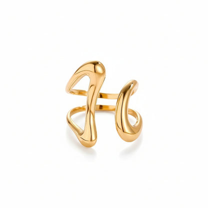 Fluid Echo Ring – adjustable stainless steel gold ring with hollow freeform sculptural curves