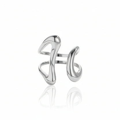 Fluid Echo Ring – adjustable stainless steel silver ring with hollow freeform sculptural curves