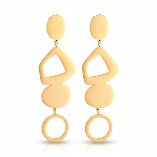 Gold-plated stainless steel statement drop earrings with four geometric shapes in cascade – naušnice