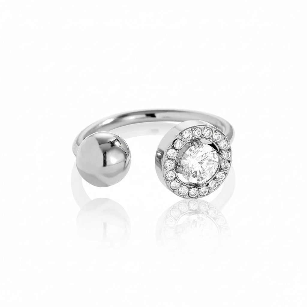 Glow Balance Ring – adjustable stainless steel ring with polished sphere and zircon circle