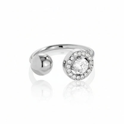 Glow Balance Ring – adjustable stainless steel ring with polished sphere and zircon circle