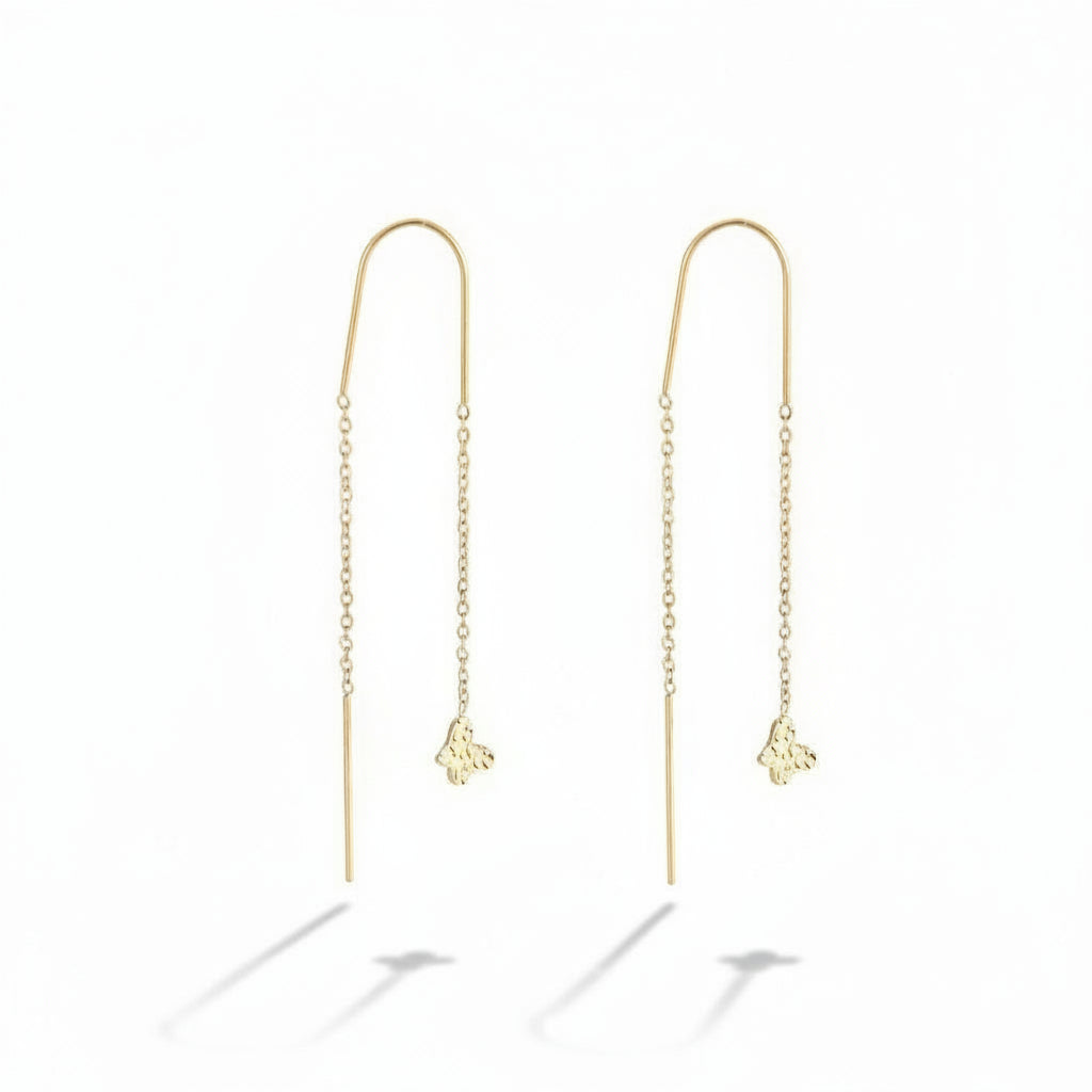Gold-plated stainless steel threader earrings with chain and textured butterfly charm – naušnice