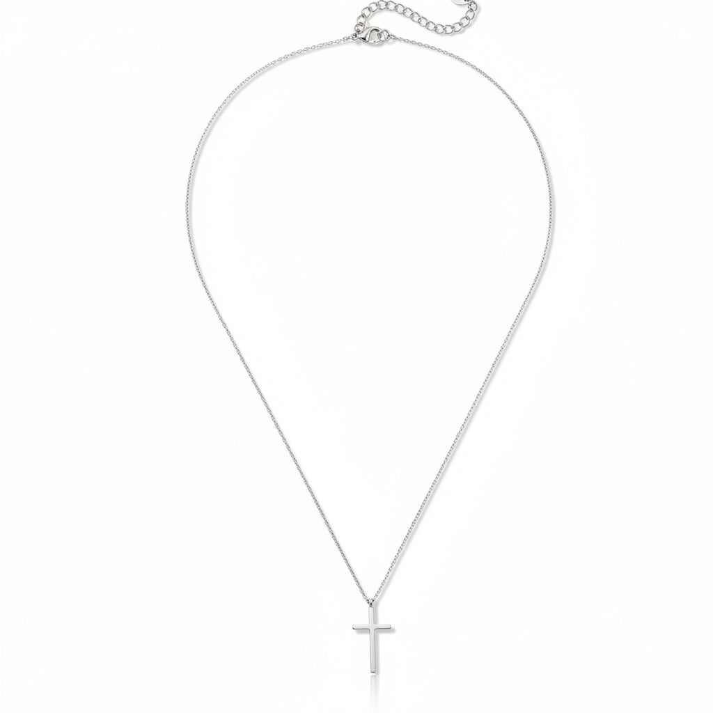 White gold-plated stainless steel delicate cross pendant necklace with fine chain – ogrlica
