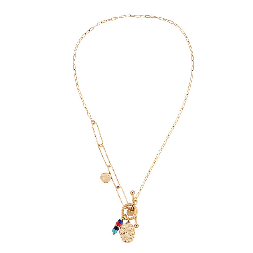 Gold-plated stainless steel layered paperclip chain necklace with textured disc, colorful beads, and coin charms – ogrlica