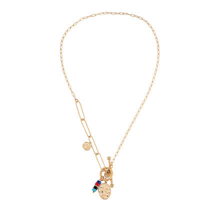 Gold-plated stainless steel layered paperclip chain necklace with textured disc, colorful beads, and coin charms – ogrlica