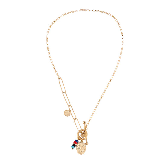 Gold-plated stainless steel layered paperclip chain necklace with textured disc, colorful beads, and coin charms – ogrlica