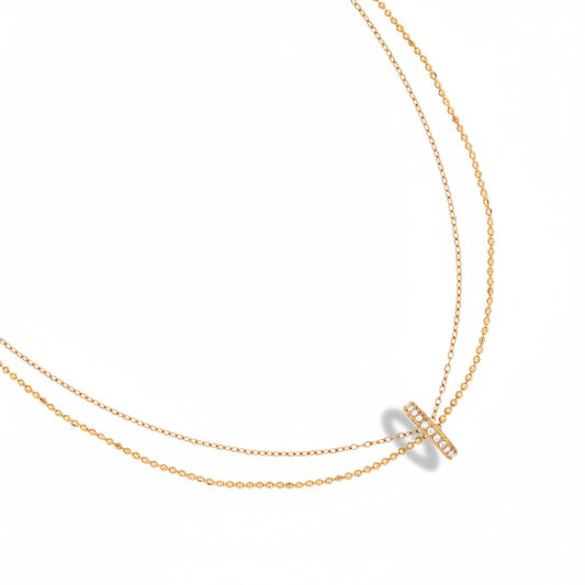 14k gold-plated stainless steel layered necklace with fine chain and zirconia ring pendant – ogrlica
