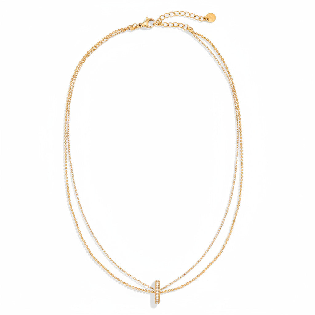 14k gold-plated stainless steel layered necklace with fine chain and zirconia ring pendant – ogrlica