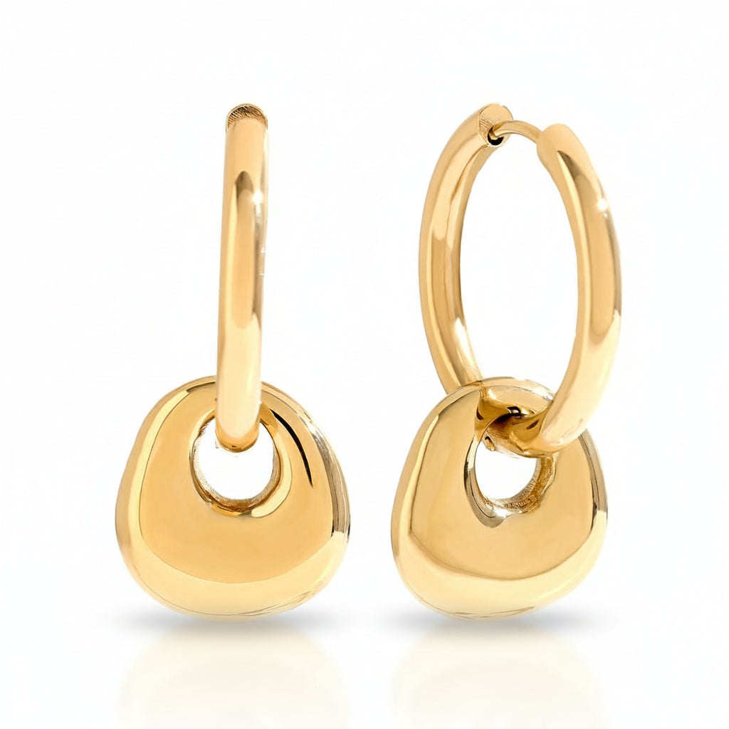Gold-plated stainless steel hoop earrings with suspended dome charm – naušnice.