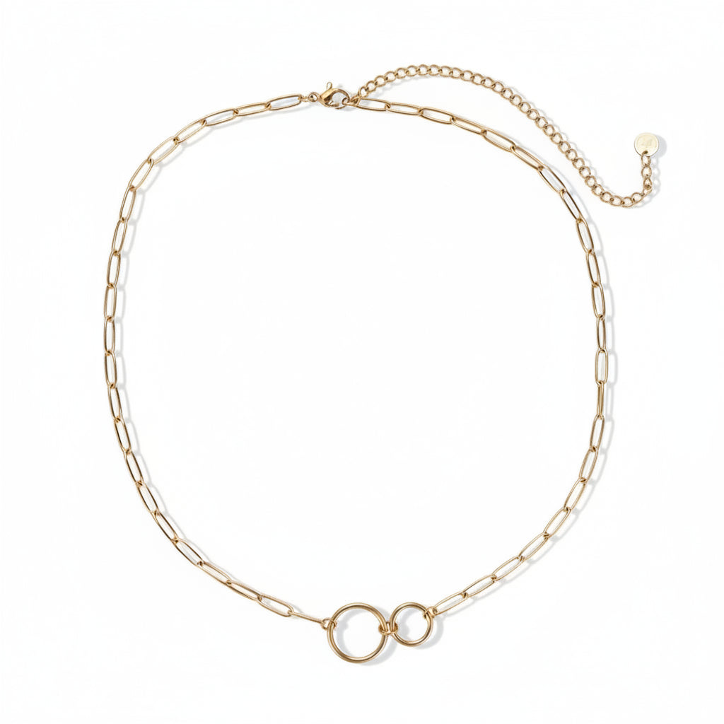 Gold-plated stainless steel paperclip chain necklace with interlocking circle pendant ogrlica – ogrlica