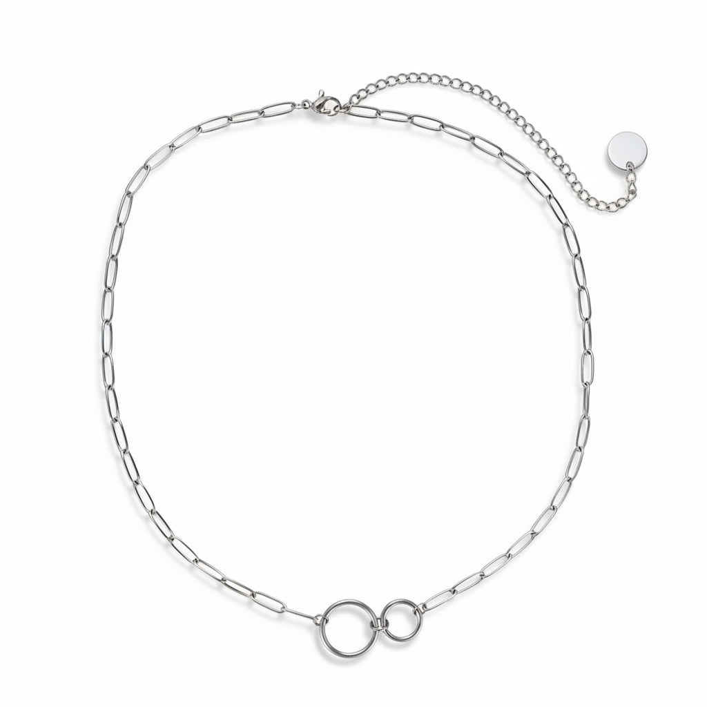 White gold-plated stainless steel paperclip chain necklace with interlocking circle pendant - ogrlica 
