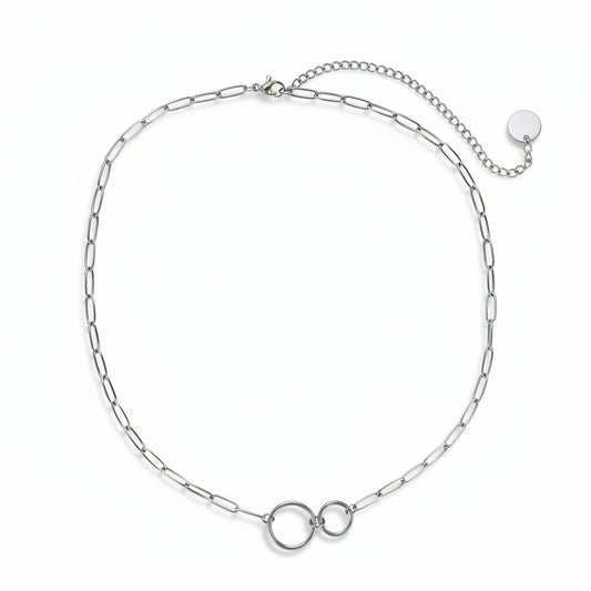 White gold-plated stainless steel paperclip chain necklace with interlocking circle pendant - ogrlica 