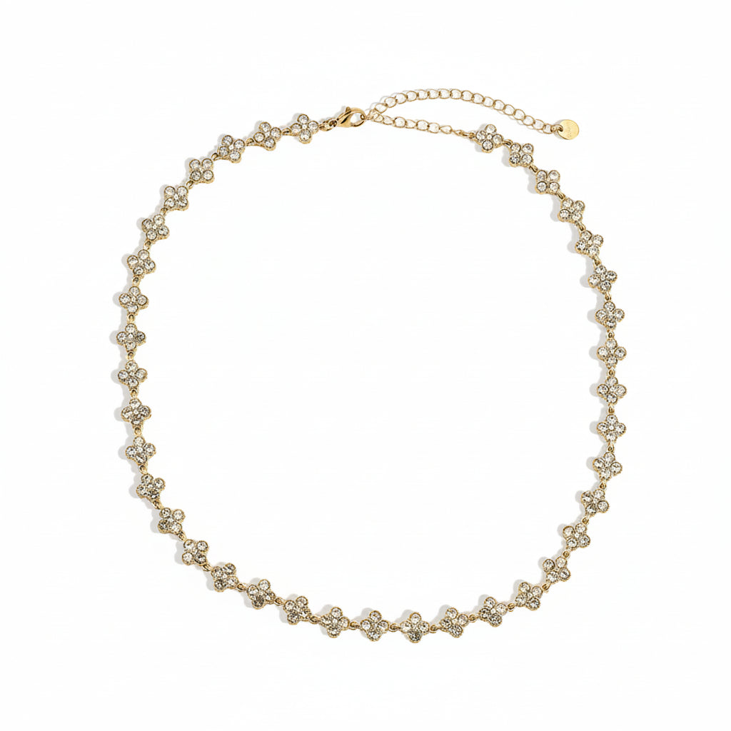 Gold-plated stainless steel delicate chain necklace with continuous zirconia clover motifs – ogrlica