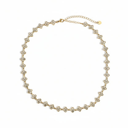 Gold-plated stainless steel delicate chain necklace with continuous zirconia clover motifs – ogrlica