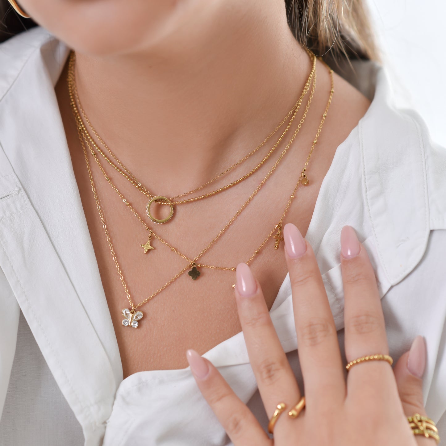 14k gold-plated stainless steel layered necklace with fine chain and zirconia ring pendant – ogrlica