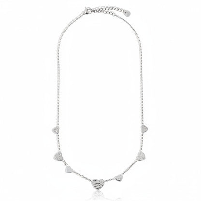 White gold-plated stainless steel delicate chain necklace with scattered mini heart charms – ogrlica
