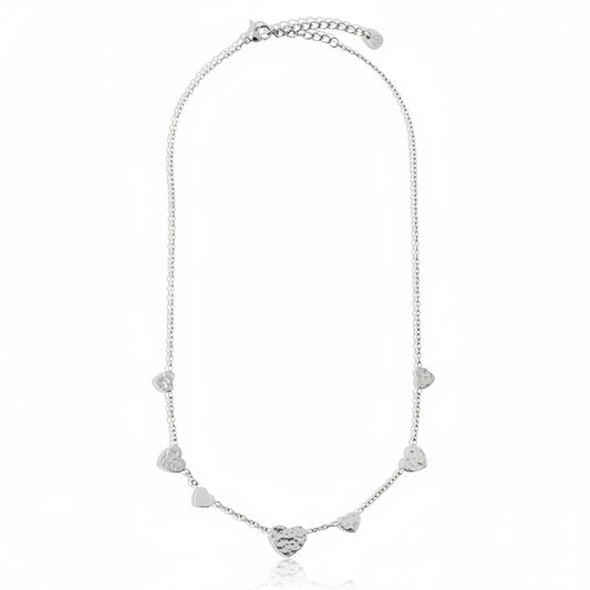 White gold-plated stainless steel delicate chain necklace with scattered mini heart charms – ogrlica