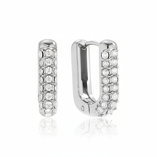 White gold-plated stainless steel chunky rectangular hoop earrings with pavé cubic zirconia – naušnice