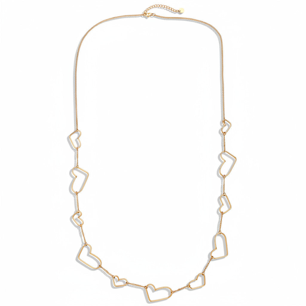 Gold-plated stainless steel long chain necklace with asymmetric heart outline stations – ogrlica