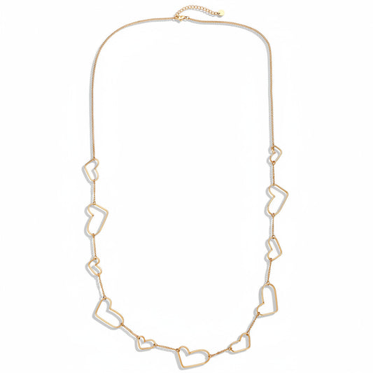 Gold-plated stainless steel long chain necklace with asymmetric heart outline stations – ogrlica