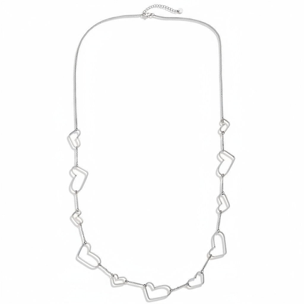 White gold-plated stainless steel long chain necklace with asymmetric heart outline stations – ogrlica
