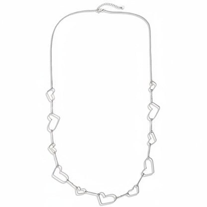 White gold-plated stainless steel long chain necklace with asymmetric heart outline stations – ogrlica