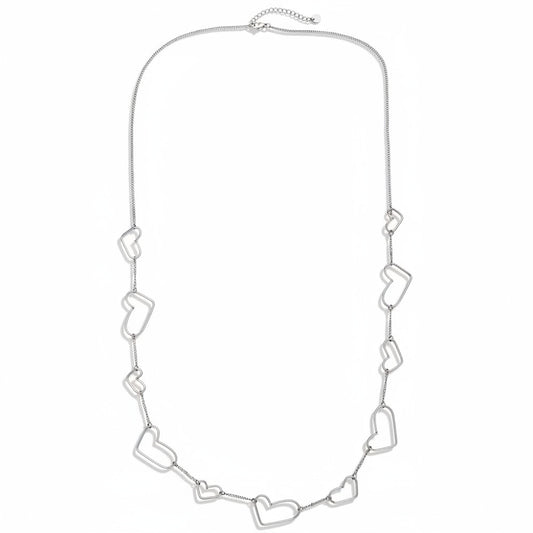 White gold-plated stainless steel long chain necklace with asymmetric heart outline stations – ogrlica