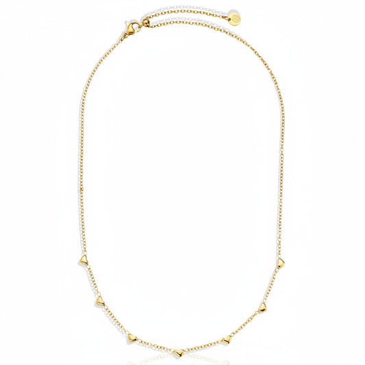Gold-plated stainless steel fine chain necklace with scattered heart charms in asymmetric design – ogrlica