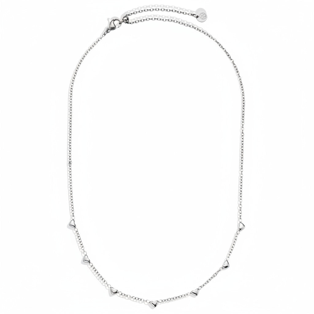 White gold-plated stainless steel fine chain necklace with scattered heart charms in asymmetric design – ogrlica