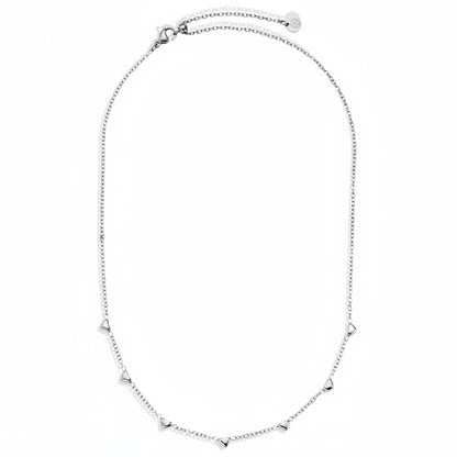 White gold-plated stainless steel fine chain necklace with scattered heart charms in asymmetric design – ogrlica