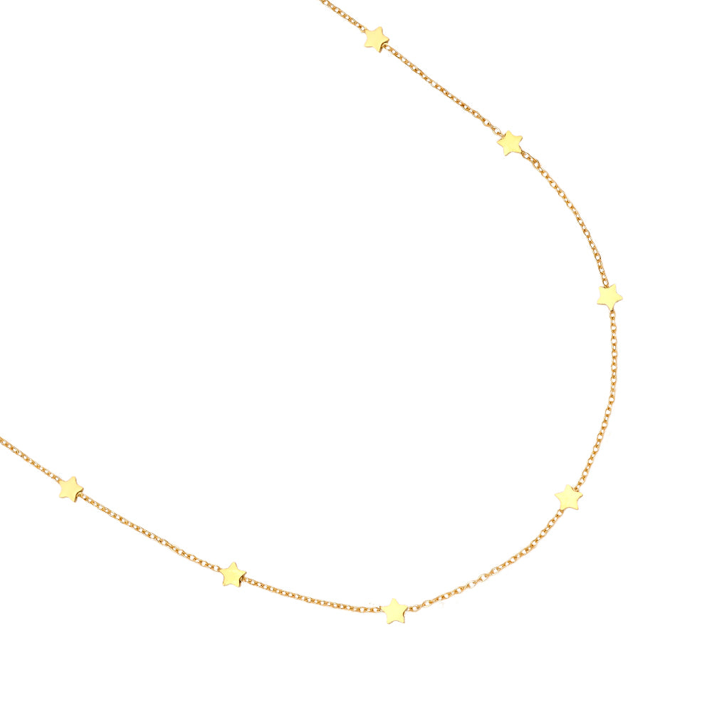 Gold-plated stainless steel fine chain necklace with scattered star charms in asymmetric design – ogrlica