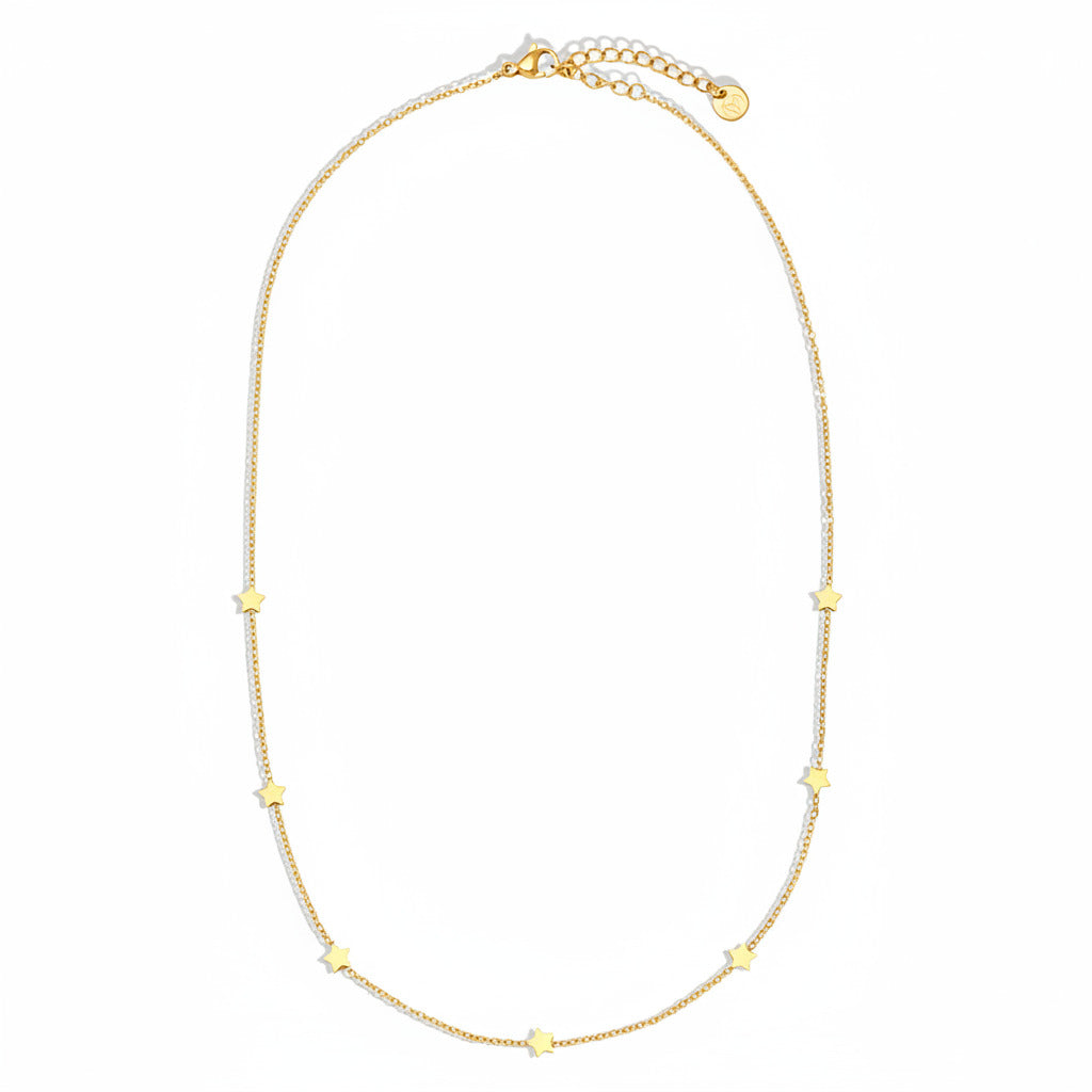 Gold-plated stainless steel fine chain necklace with scattered star charms in asymmetric design – ogrlica
