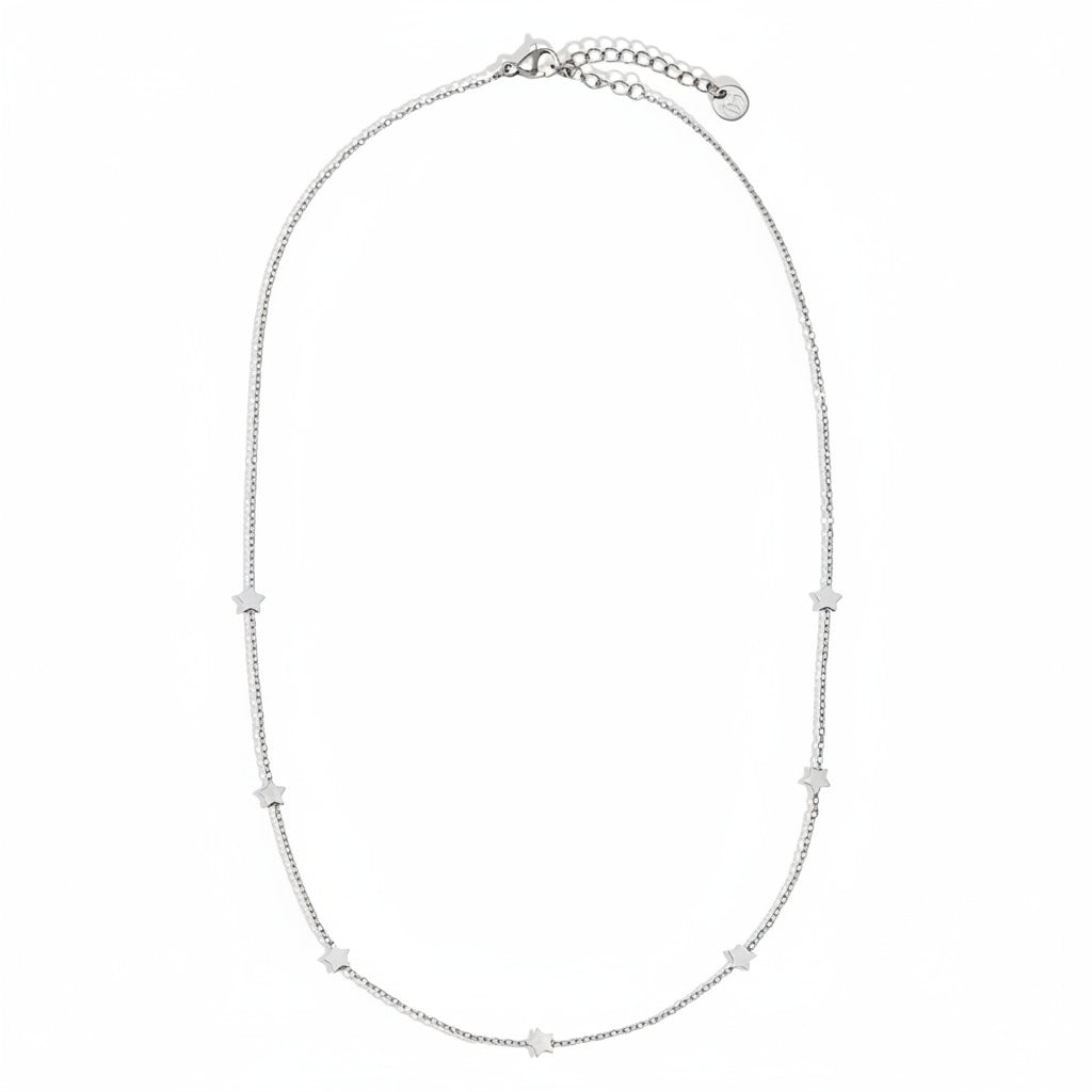 White gold-plated stainless steel fine chain necklace with scattered star charms in asymmetric design – ogrlica