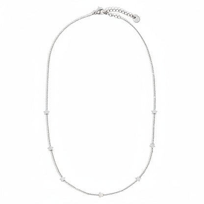 White gold-plated stainless steel fine chain necklace with scattered star charms in asymmetric design – ogrlica