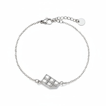 Silver bitten chocolate bar charm bracelet on delicate chain with playful design