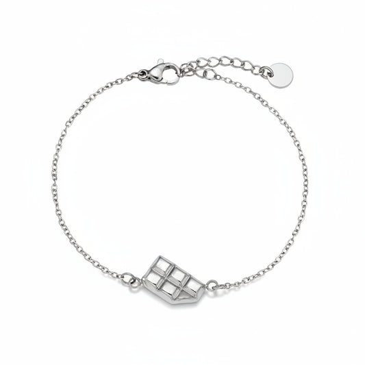 Silver bitten chocolate bar charm bracelet on delicate chain with playful design