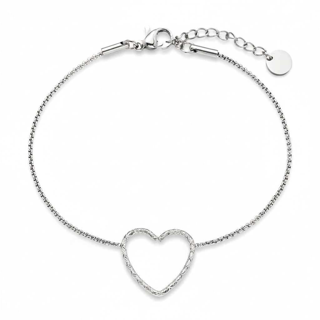 Silver twisted heart bracelet with rope-textured heart charm on delicate box chain