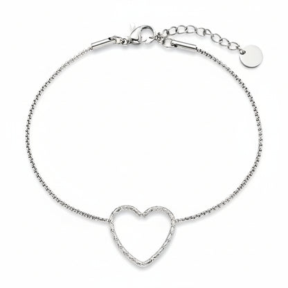 Silver twisted heart bracelet with rope-textured heart charm on delicate box chain